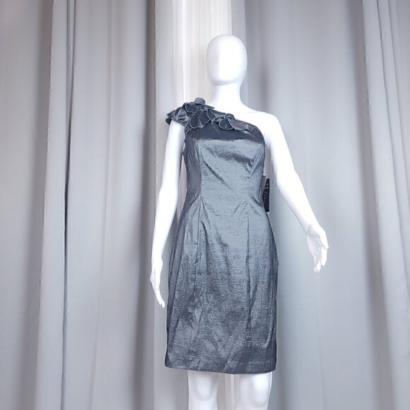 S.L. Fashions Cap Slv Petal One Shldr Sheath Dress Size 8 Color is Nickel (NWT) - Picture 7 of 16